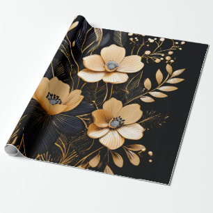 Floral Night: Black & Gold Patterns Wrapping Paper