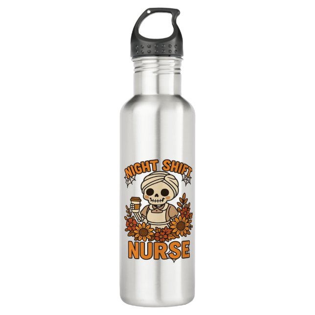 Floral Night Shift Nurse Skeleton Halloween RN Nur 710 Ml Water Bottle (Front)