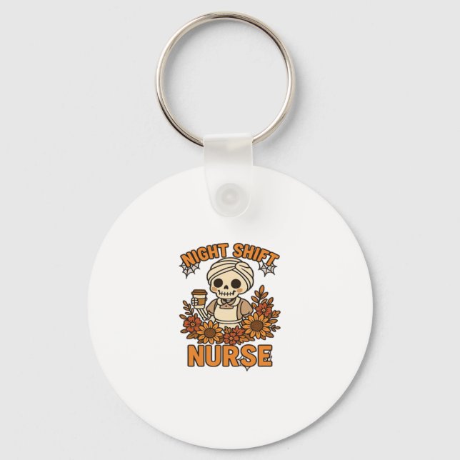 Floral Night Shift Nurse Skeleton Halloween RN Nur Keychain (Front)