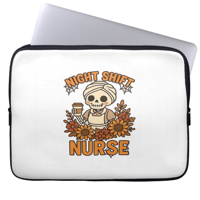 Floral Night Shift Nurse Skeleton Halloween RN Nur Laptop Sleeve (Front)