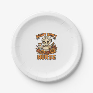 Floral Night Shift Nurse Skeleton Halloween RN Nur Paper Plate