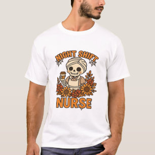 Floral Night Shift Nurse Skeleton Halloween RN Nur T-Shirt