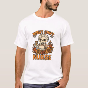 Floral Night Shift Nurse Skeleton Halloween RN Nur T-Shirt