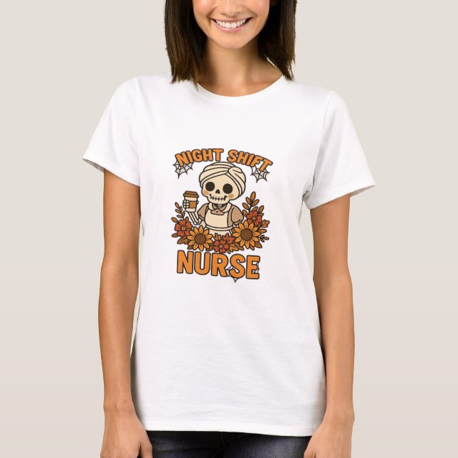 Floral Night Shift Nurse Skeleton Halloween RN Nur T-Shirt (Front)