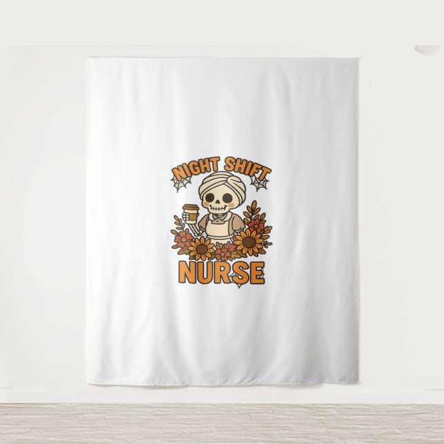 Floral Night Shift Nurse Skeleton Halloween RN Nur Tapestry (Front)