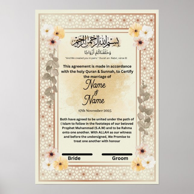 Floral nikkah certificate  poster (Front)