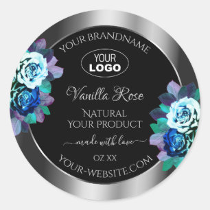 Floral Noir Argent Étiquette Logo Roses Turquoises