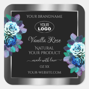 Floral Noir Argent Étiquette Logo Roses Turquoises