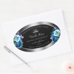 Floral Noir Argent Étiquette Logo Roses Turquoises