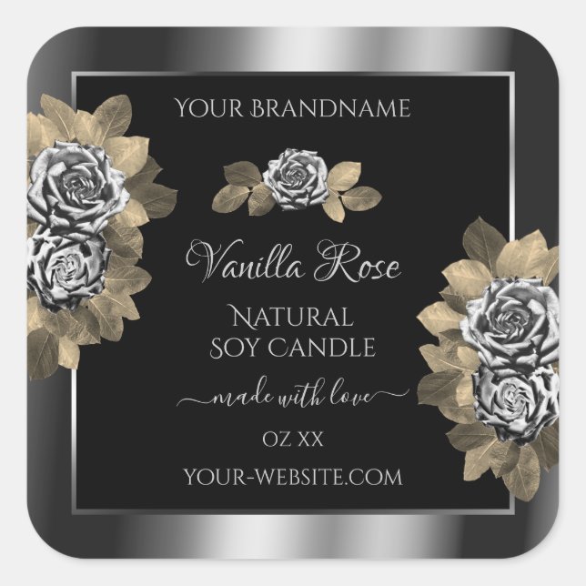 Floral Noir et Argent Étiquettes Roses feuillus (Devant)