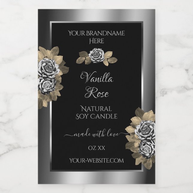 Floral Noir et Argent Étiquettes Roses feuillus (Étiquettes simples)