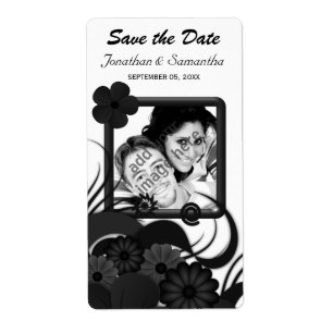 Floral noir et blanc Enregistrer la date Vin Étiqu