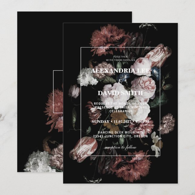 Floral noir foncé faire-part de mariage (Devant / Derrière)