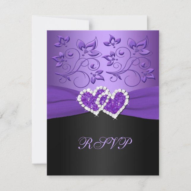 Floral noir pourpre Coeurs joints carte RSVP (Devant)