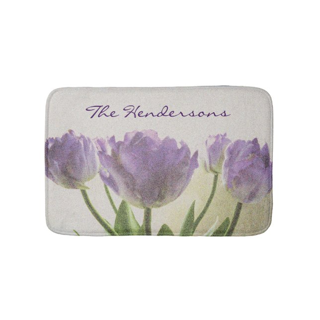 Floral non slip bath mat with purple tulip flowers (Front)