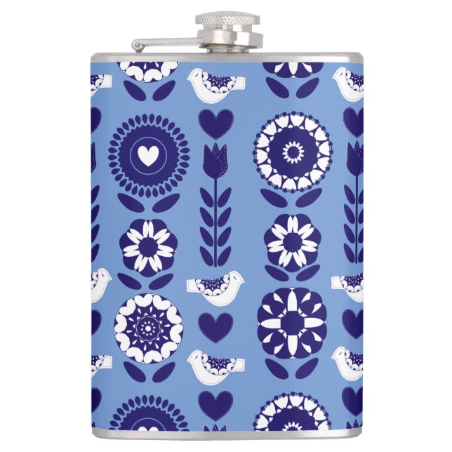 Floral Nordic Scandinavian Folk Art Pattern Hip Flask (Front)