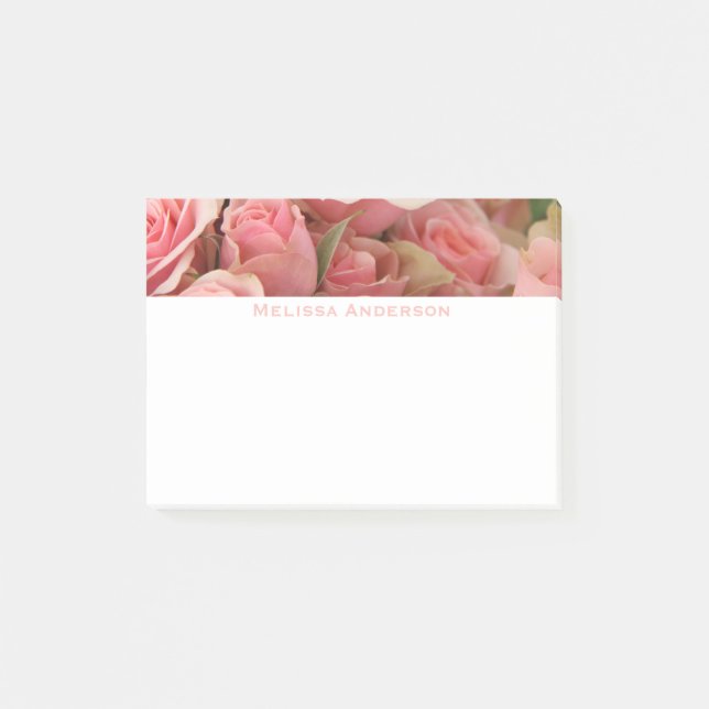 Floral Notes, Pink Roses, Add your name Post-it Notes (Front)