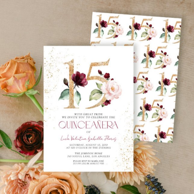 Floral Number 15 Burgundy Gold Quinceañera Invitation (Creator Uploaded)