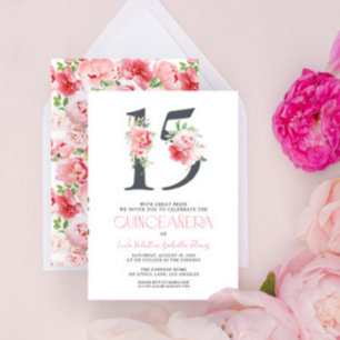 Floral Number 15 Pink Elegant Modern Quinceañera Invitation