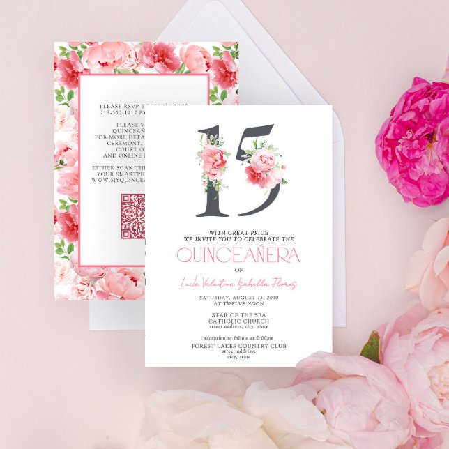 Floral Number 15 Pink Elegant QR Quinceañera Invitation (Creator Uploaded)