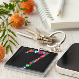 Floral Number Seven Botanical Flower Design Keychain