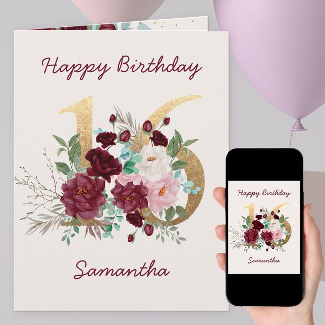 Floral Numéro 16 Carte personnalisée 16e anniversa (Créateur téléchargé)