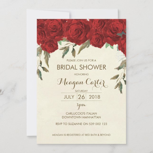 Floral nuptiale invitation ivoire roses rouges (Devant)
