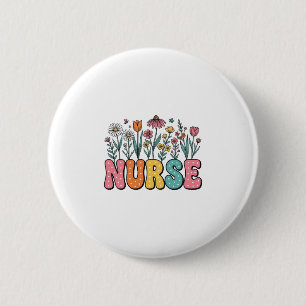Floral Nurse Bubble Letter Vintage Style Shirt Des 2 Inch Round Button
