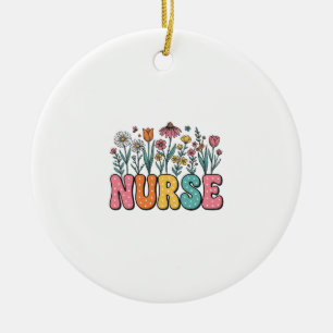 Floral Nurse Bubble Letter Vintage Style Shirt Des Ceramic Ornament
