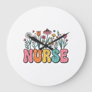 Floral Nurse Bubble Letter Vintage Style Shirt Des Large Clock