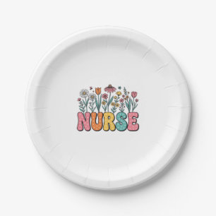 Floral Nurse Bubble Letter Vintage Style Shirt Des Paper Plate
