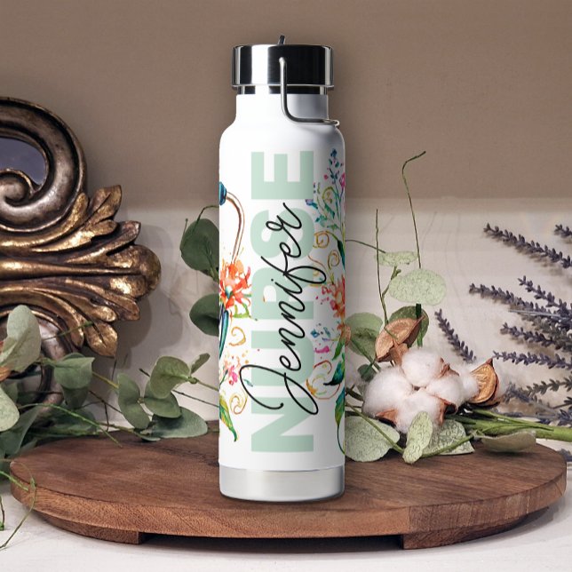 Floral Nurse Girly Add Name Tumbler Water Bottle (Creator Uploaded)