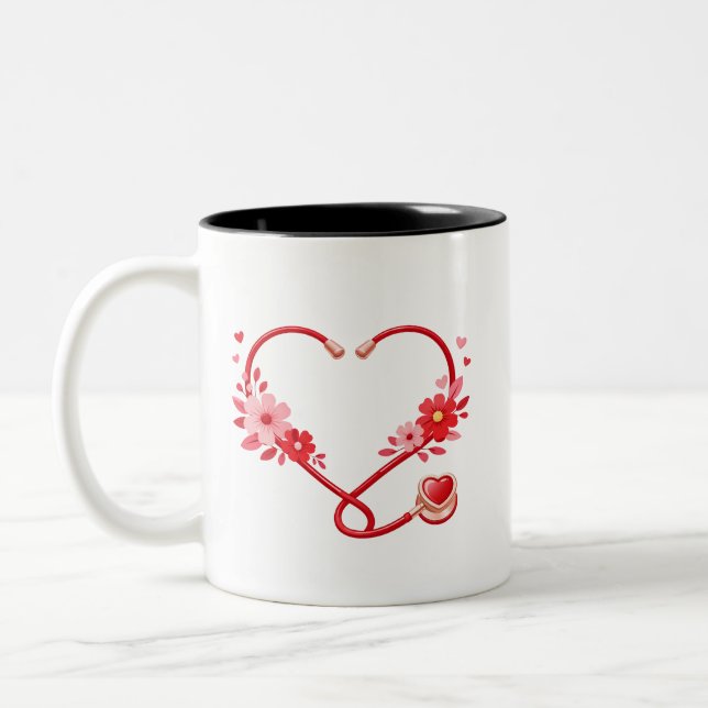 Floral Nurse Stethoscope  Two-Tone Coffee Mug (Left)