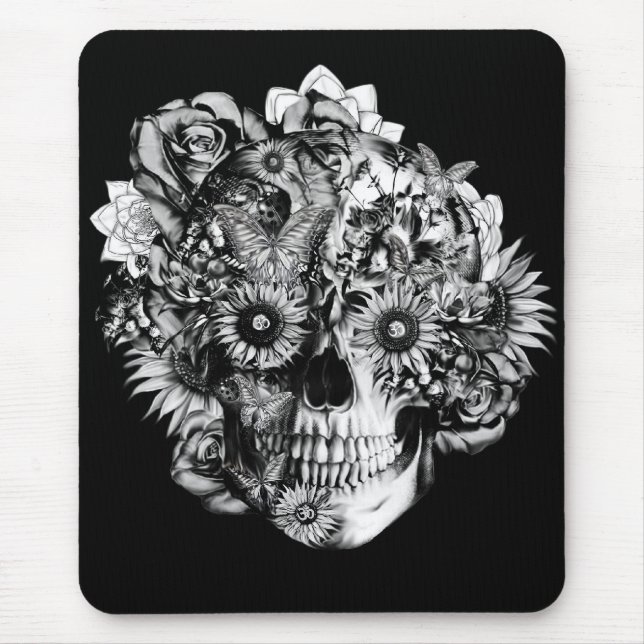 Floral ohm skull illustration in black/ white mouse pad (Front)