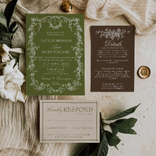 Floral Olive Green Brown Garden Monogram Weddin Invitation