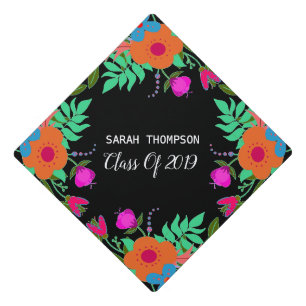 Floral On Black Class Year Graduation Cap Topper