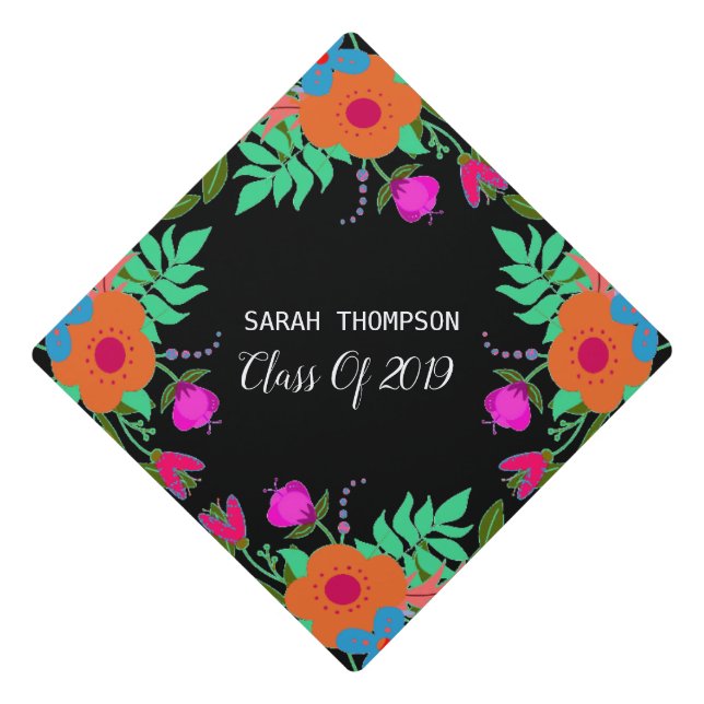 Floral On Black Class Year Graduation Cap Topper (Front)