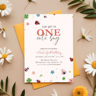 Floral On Cute Bug Ladybug 1st Birthday Party Invitation