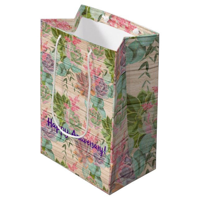 Floral on Wood Popular Customize Text Medium Gift Bag (Front Angled)