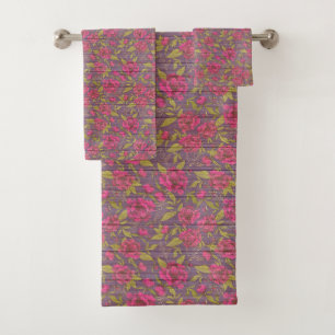 Floral On Wood Trendy Popular Elegant Vintage Bath Towel Set