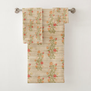 Floral On Wood Trendy Popular Elegant Vintage Bath Towel Set
