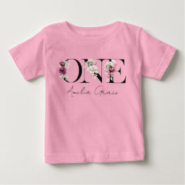 Floral ONE Baby Girl's 1st Birthday + Name Outfit T-Shirt