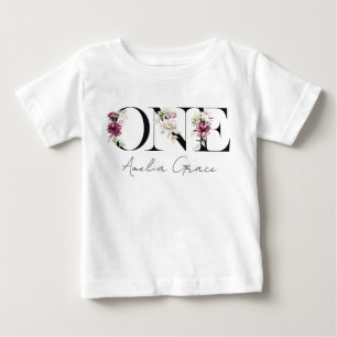 Floral ONE Baby Girl's 1st Birthday + Name Outfit T-Shirt