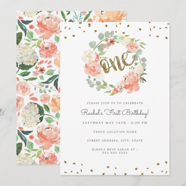 Floral One Wreath Gold Peach First Birthday Invitation (Front/Back)