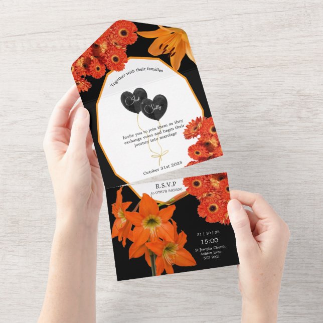 Floral Orange and Black Wedding All In One Invitation (Tearaway)