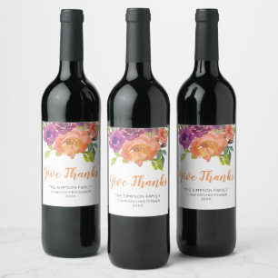 Floral Orange and Purple Give Thanks Wine Label 