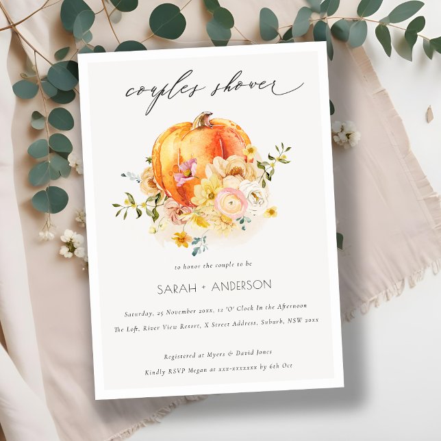Floral Orange Autumn Pumpkin Couples Shower Invite (Creator Uploaded)