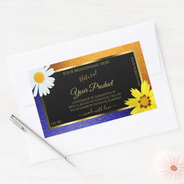 Floral Orange Blue Glitter Black Product Labels (Envelope)