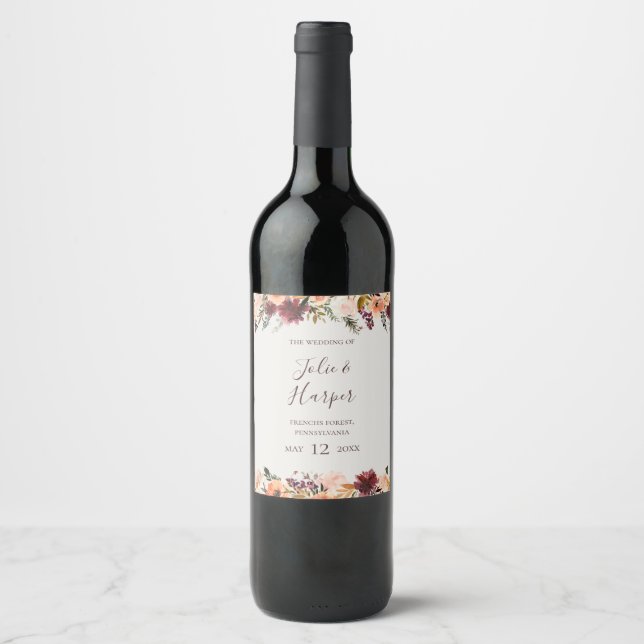 Floral Orange Bourgogne | Étiquette de vin Mariage (Devant)
