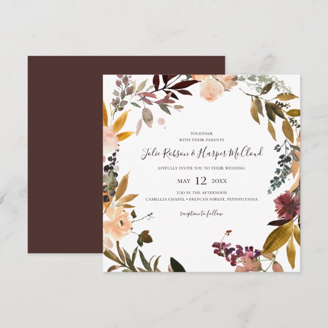 Floral Orange Bourgogne | FAIRE-PART DE MARIAGE CA (Devant / Derrière)